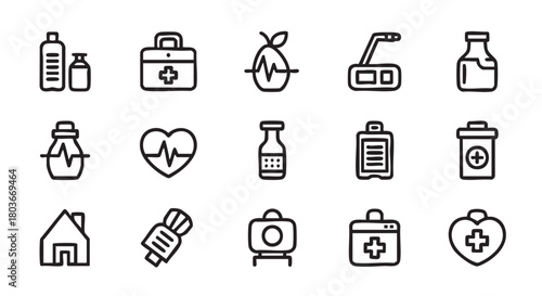 Hand drawn medical icon set with various health related symbols