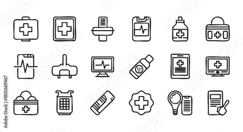 Hand drawn healthcare icons on white background for medical content
