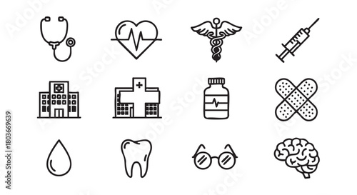 Healthcare and medical icon set depicting hospitals and health conditions