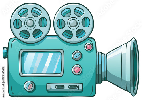 Cartoon illustration of a vintage film movie camera with reels and lens, isolated