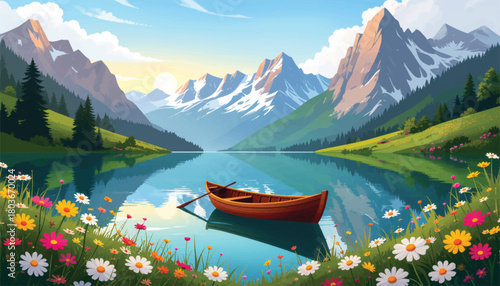 Beautiful lake with vibrant flowers and a peaceful boat. Scenic mountain lake with boat surrounded by blooming flowers. Tranquil boat ride in clear waters with flowers and mountains