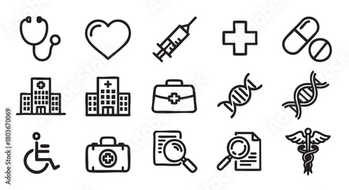 Healthcare icons set stethoscope heart hospital wheelchair medical bag outline