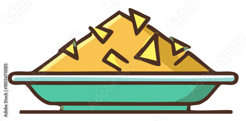 Cartoon illustration of a plate piled high with golden nachos