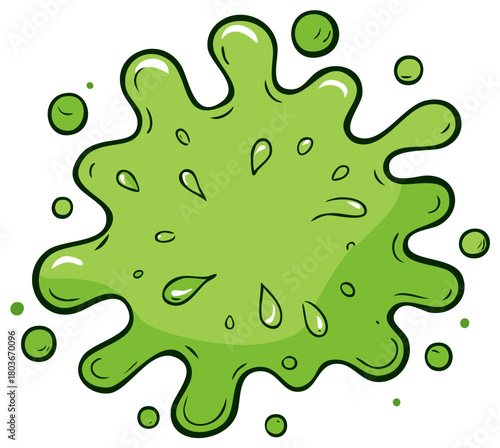 Vibrant green cartoon slime splat with dripping liquid and bubbles illustration