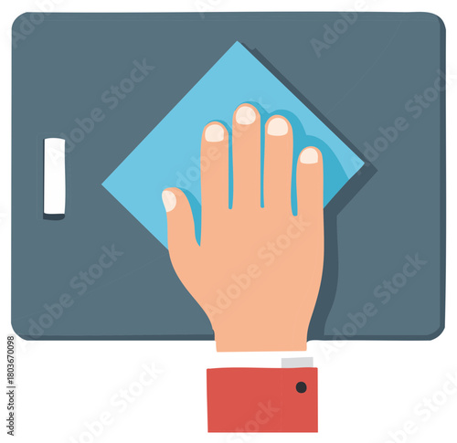 Person's hand cleaning a flat surface with a blue cloth