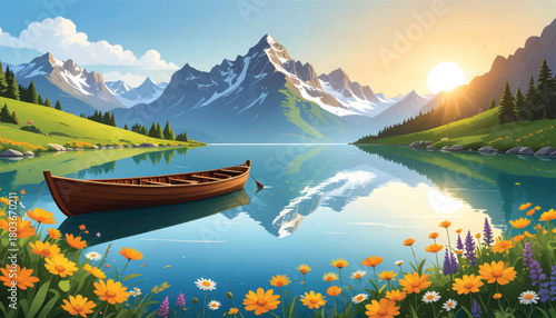 Stunning sunrise over a serene lake with a wooden boat. Calm morning light over a reflective lake and peaceful boat. A boat gliding over a tranquil lake at sunrise