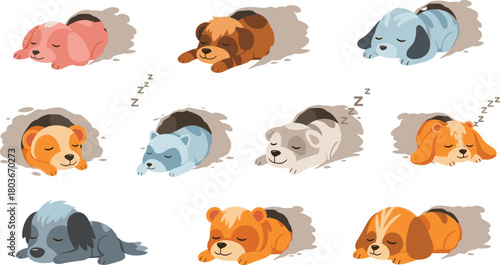 Ten colorful cartoon puppies sleeping peacefully with closed eyes and “Z” symbols on ground in calm, cute, relaxing scene