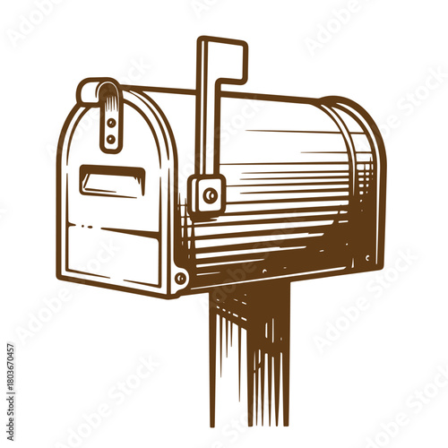 Classic sketch vintage illustration of a brown mailbox with flag raised on white background