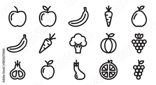 Healthy food vector icons of fruits and vegetables outline simple drawing
