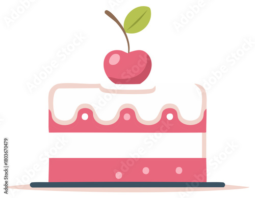 Delicious Slice of Layered Cake Topped with Cherry Icon Vector Illustration. Festive Dessert Design Element with Decorative Sprinkles