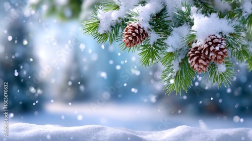 A pine tree branch covered in snow and pine cones