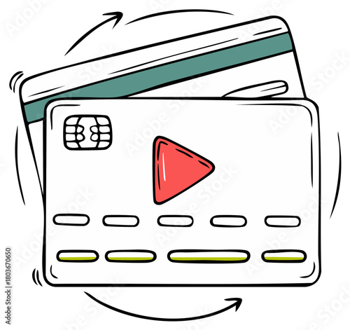 Doodle style credit card with play button icon for digital media and streaming payments