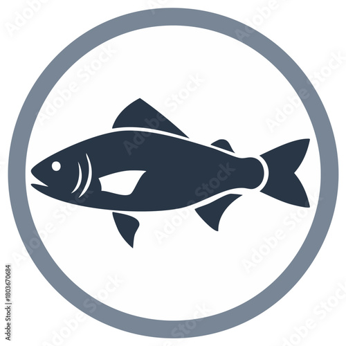 Dark blue fish icon in gray circle a simple graphic representing marine life and seafood industry