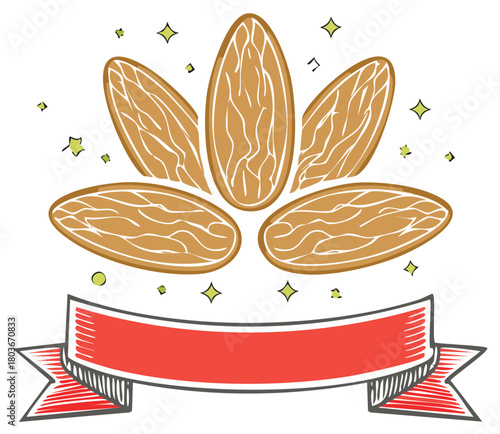 Decorative Almonds Design with Red Ribbon Banner for Text Copy, Nutritional Food Concept, Healthy Lifestyle Choice