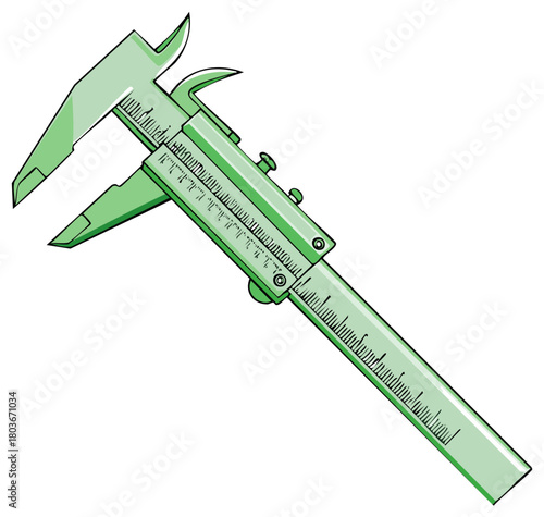 Hand drawn green caliper precision measuring instrument for technical applications