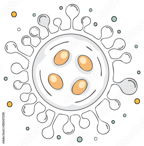 Stylized Virus Particle Graphic with Distinctive Outlines and Internal Elements