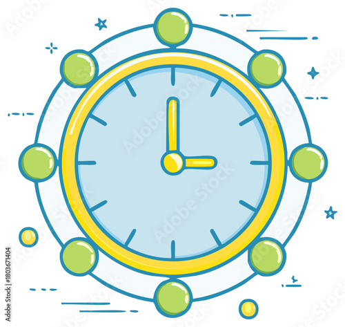 Stylized clock with orbiting elements and decorative stars suggesting time passing or a cosmic theme