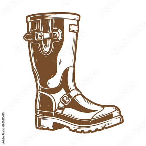 Detailed hand drawn illustration of a brown rubber boot with buckles and texture