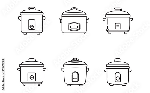 Rice Cooker Icon Set Outline Style Kitchen Appliances Vector Illustration Home Cooking Device Simple Design Elements Isolated on White