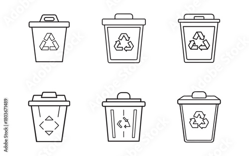 Recycling Bins Vector Icon Set Representing Waste Sorting and Environmental Responsibility Promoting Sustainable Practices and Eco Friendly Lifestyle Choices