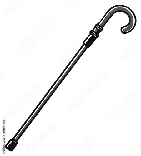 Simple monochrome walking cane rendering showing handle and shaft for mobility assistance or character prop creation