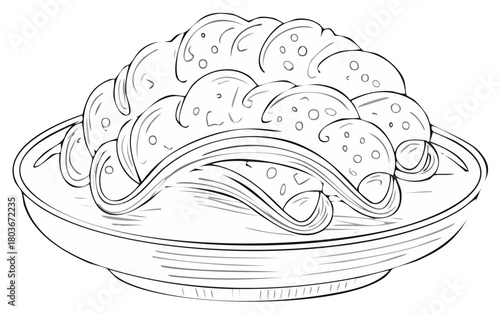 Line art drawing of savory crescent shaped dumplings on a plate monochrome food illustration