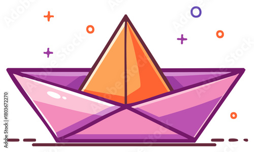 Playful Cartoon Paper Ship Sailing Vector Icon with Fun Decorative Elements