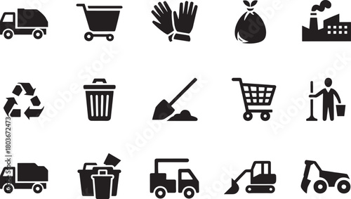 Set of black icons for waste management, recycling, trash collection, garbage truck, worker, and industrial symbols