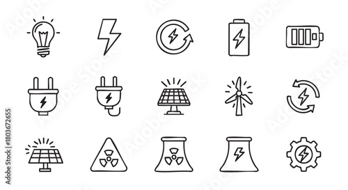 Icons of various energy sources including solar nuclear and electric power