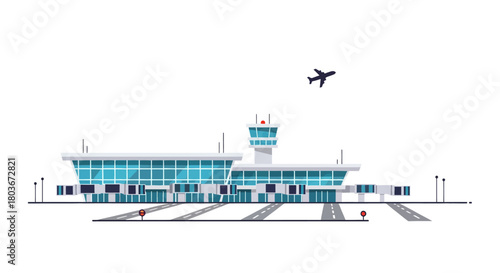 Airport Terminal with Airplane Taking Off Illustration.