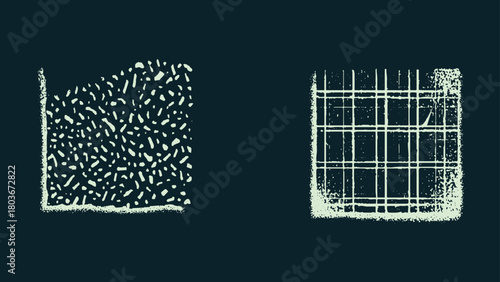 Two abstract textured squares one with speckles the other with grid pattern on dark background vector