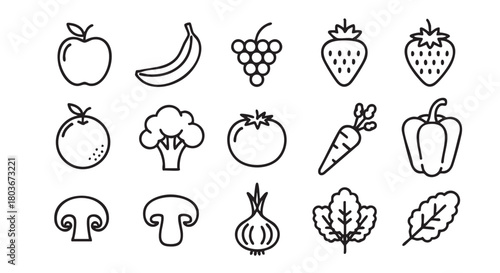 Line art illustration of healthy food featuring fruits and vegetables