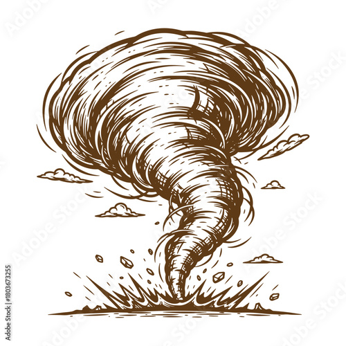 Detailed sketch of a powerful tornado swirling with debris and atmospheric elements