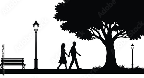 Romantic couple stroll hand in hand through a peaceful park scene