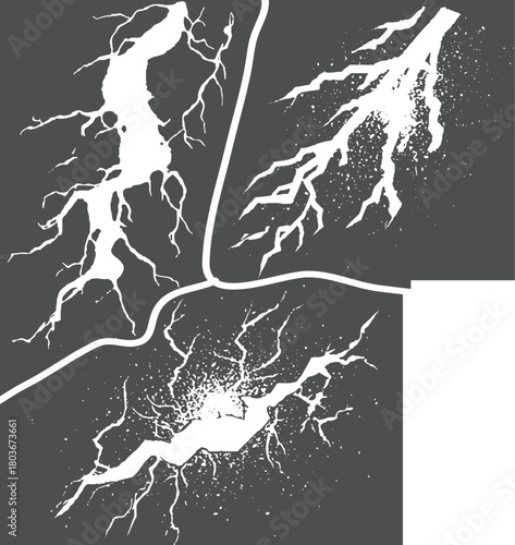 White abstract lightning strikes and cracks on dark gray background vector
