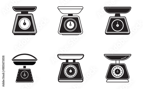 Set of Black and White Retro Kitchen Scales Vector Illustration for Cooking and Baking Isolated on White Background Perfect for Digital or Print Designs