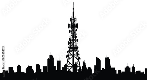 Dramatic skyline silhouette with towering communications antenna
