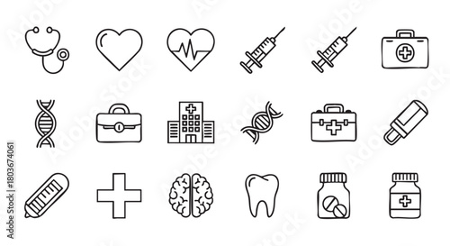 Medical and Healthcare Icons Set Stethoscope Heart DNA Hospital Briefcase Brain