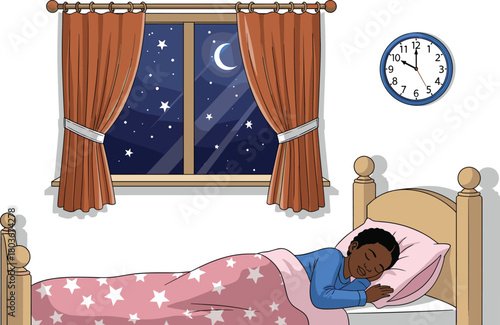 Child sleeping illustration, bedtime scene, peaceful rest, night sky, moonlight, cozy blanket, sleep routine, vector art, bedroom clipart, relaxation