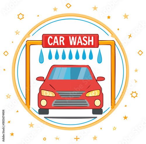 Cartoon illustration of a red car getting washed at a car wash with water droplets falling down