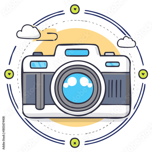Illustrated Camera Lens Capturing Moments with Clouds and Light in Decorative Circle, Photography Concept, Cartoon Style