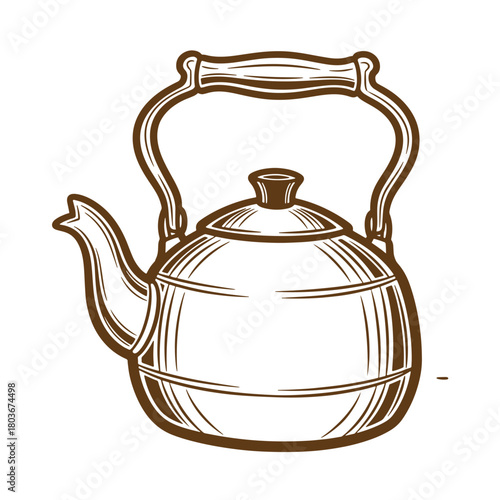 Vintage sketch illustration of a detailed brown teapot ready for brewing hot beverages.
