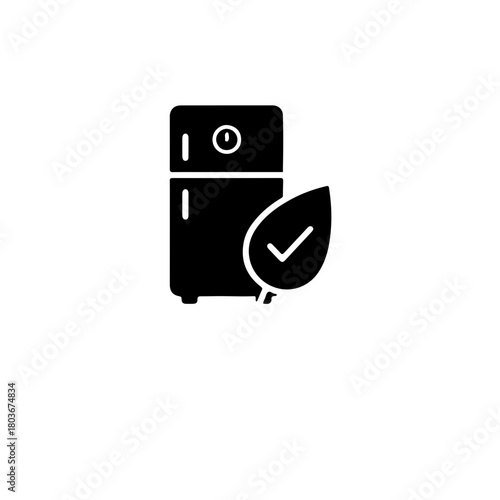 Black and white minimalist icon of a refrigerator or air conditioner unit with a leaf/eco-friendly symbol or a checkmark, representing the use of non-ODS refrigerants and green technology