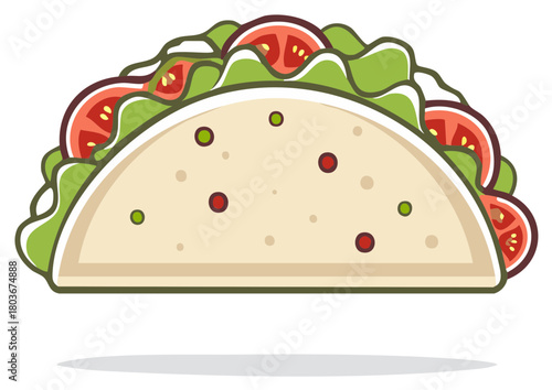 Delicious Mexican taco with fresh lettuce and tomato slices in a modern flat design vector illustration