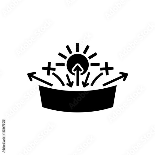 Black and white minimal icon illustrating the sun and the Ozone Layer deflecting or blocking harmful Ultraviolet (UV) rays. Concept of solar radiation protection and environmental defense