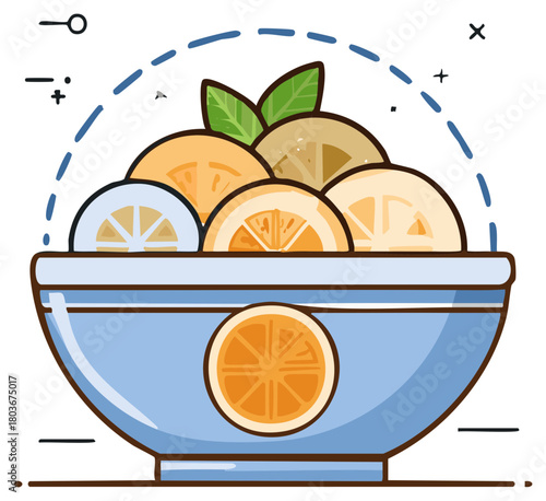 Illustration of a Bowl Filled with Sliced Citrus Fruits, including Orange, Lemon and Lime with Decorative Elements