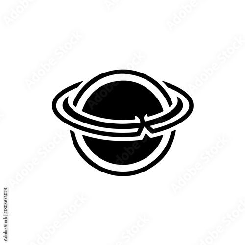 Black and white minimal icon of Earth protected by the Ozone Layer shield, with a small crack or gap indicating ozone depletion and damage. Concept of environmental protection and climate crisis