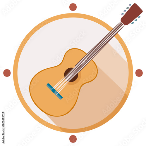 Acoustic guitar illustration with simple flat design and circular frame