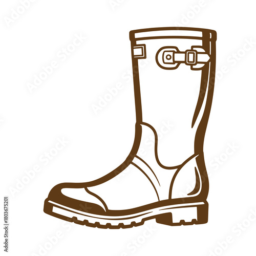 Hand drawn brown sketch illustration of a detailed waterproof wellington boot