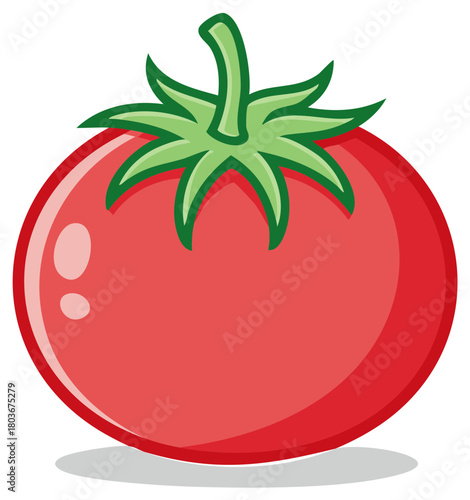 Cartoon illustration of a ripe tomato with a green stem, isolated on white.
